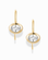 Gold earrings with white sapphire gemstones on a white background