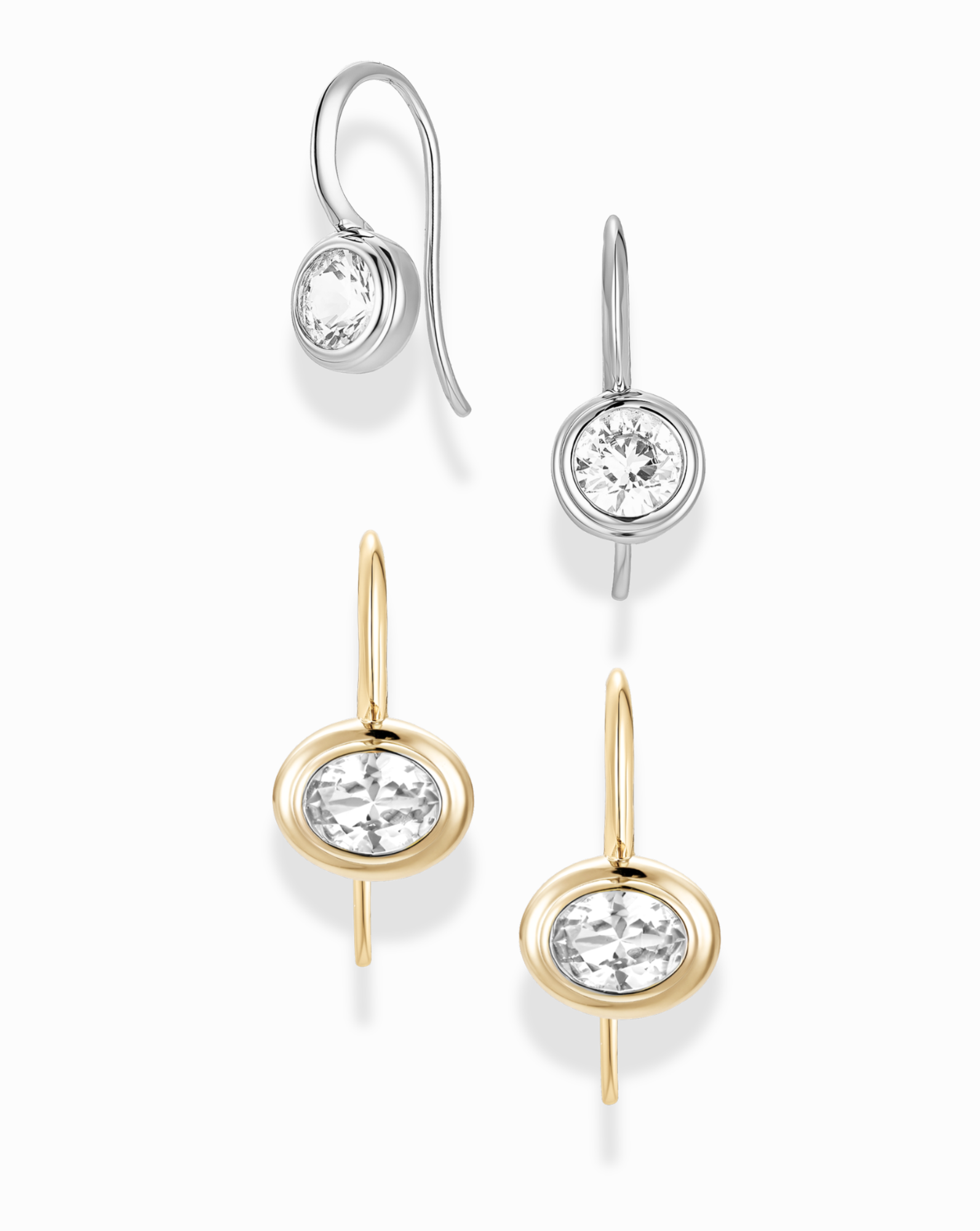 The Mod + Jo French Hook Earring Set features four lab-grown white sapphire earrings: two rhodium plated in silver with round settings and two gold with oval settings, all displayed against a white background.
