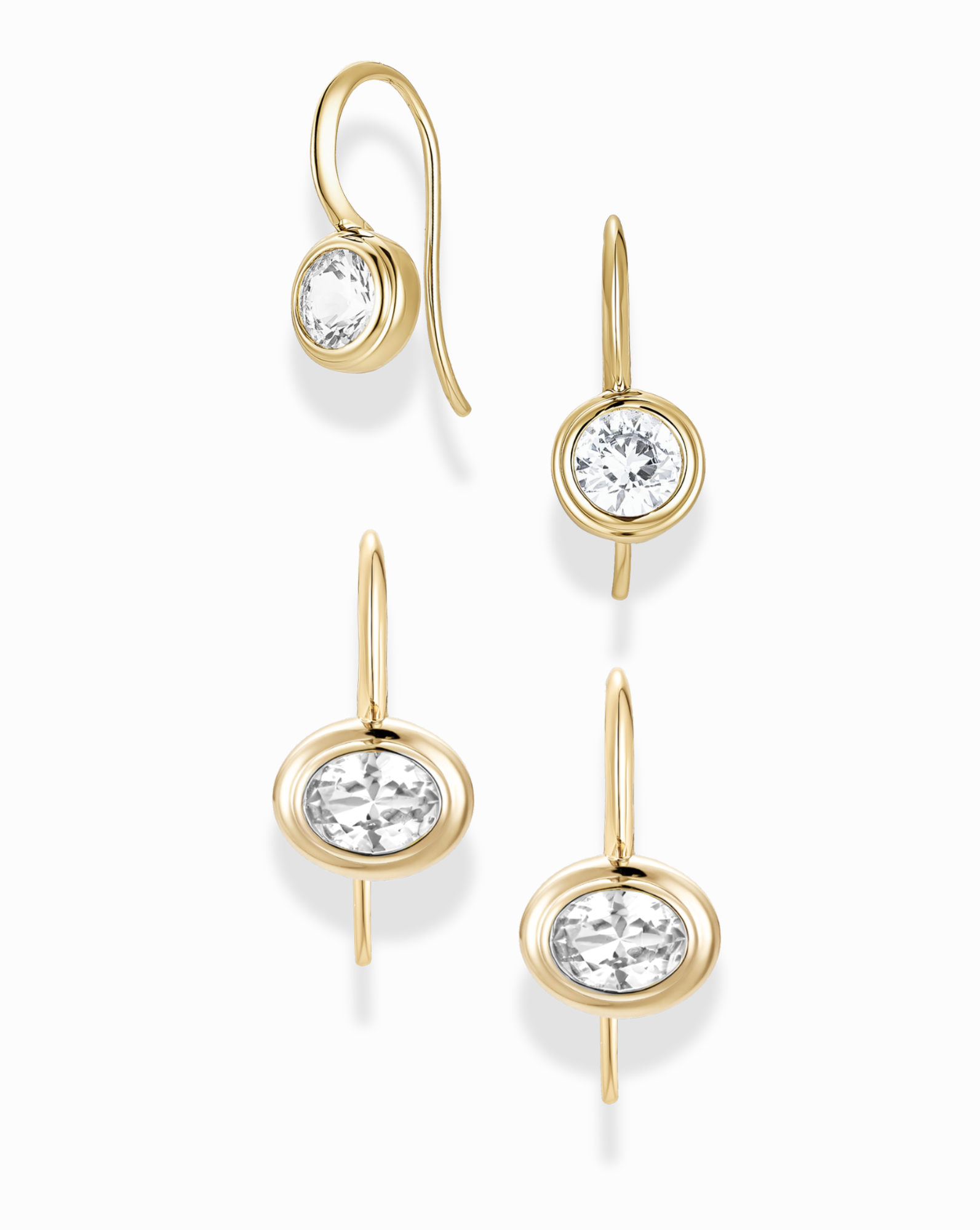 The Mod + Jo French Hook Earring Set features four gold French hook earrings—two with round and two with oval lab-grown white sapphires—arranged on a white background, each showcasing a simple, elegant design.