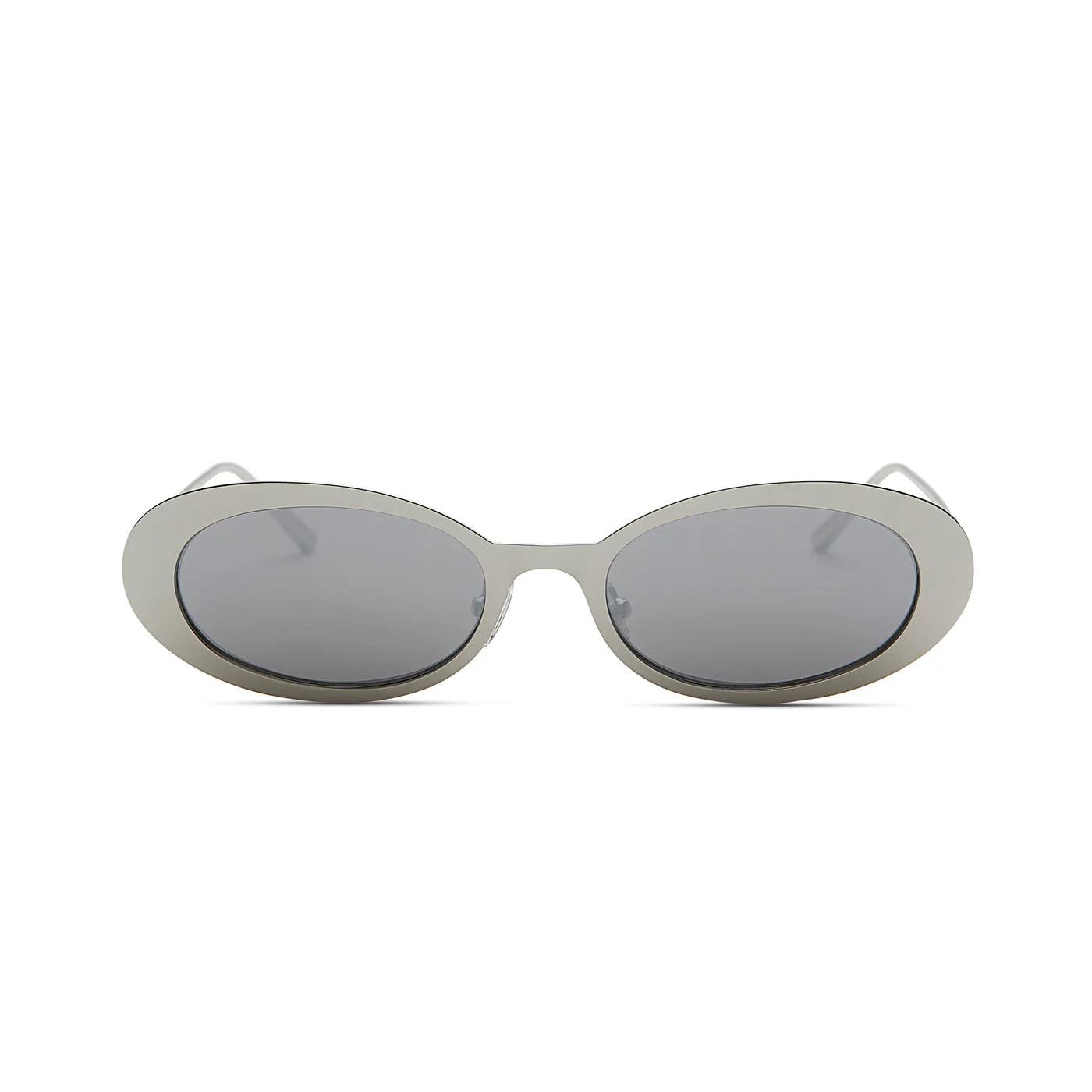 Front view of Lyric Leigh Sunglasses by Elisa Johnson, featuring silver oval frames and dark gray UV400 lenses, displayed on a plain white background.