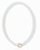 The Macey Gemstone Necklace by Mod + Jo features alternating white jade and light blue round beads, finished with a gold circular clasp at the bottom center.