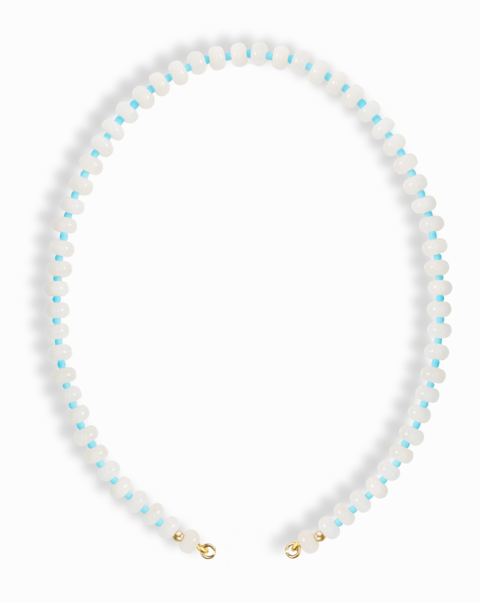 The Macey Gemstone Necklace by Mod + Jo features alternating small white jade and light blue beads in a circular pattern, finished with gold-colored clasps.