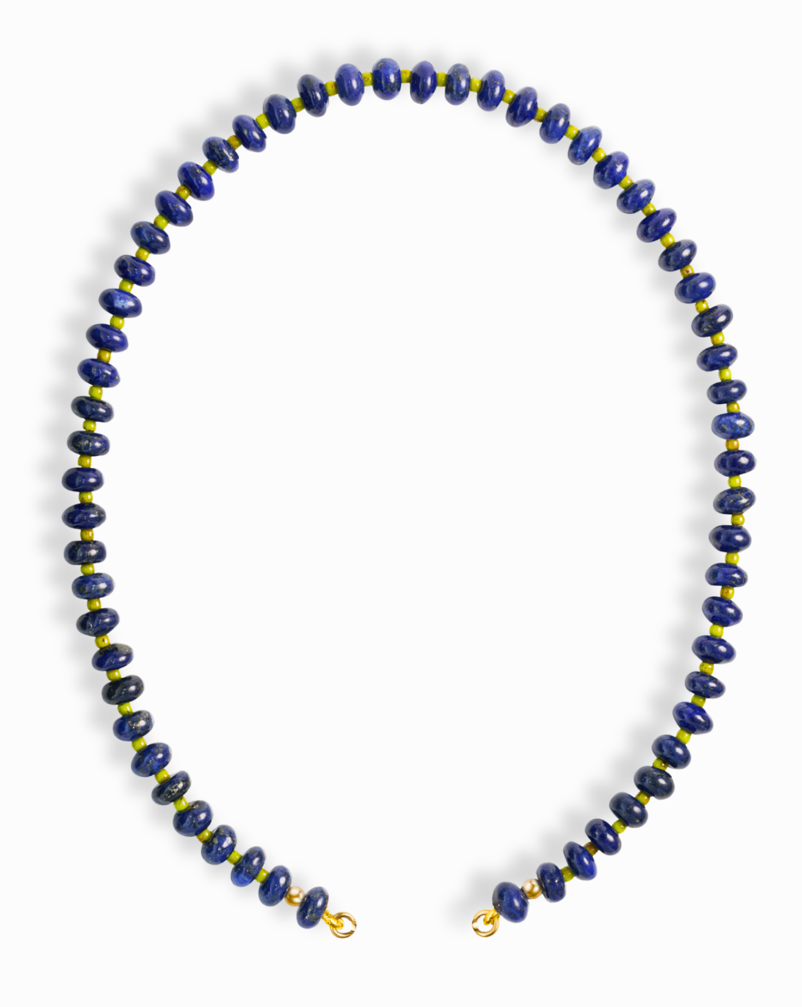 The Macey Gemstone Necklace by Mod + Jo showcases round, dark blue lapis lazuli beads with greenish-gold accents and is finished with elegant gold clasps.