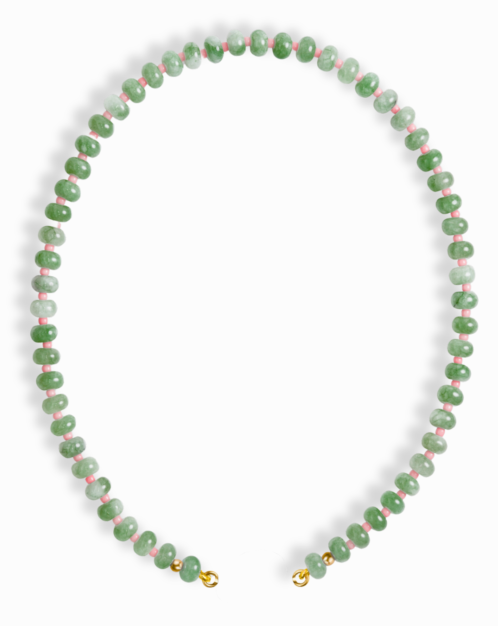 The Mod + Jo Macey Gemstone Necklace features round green jade beads with touches of white and pink, strung together and finished with gold clasps, shown on a white background.