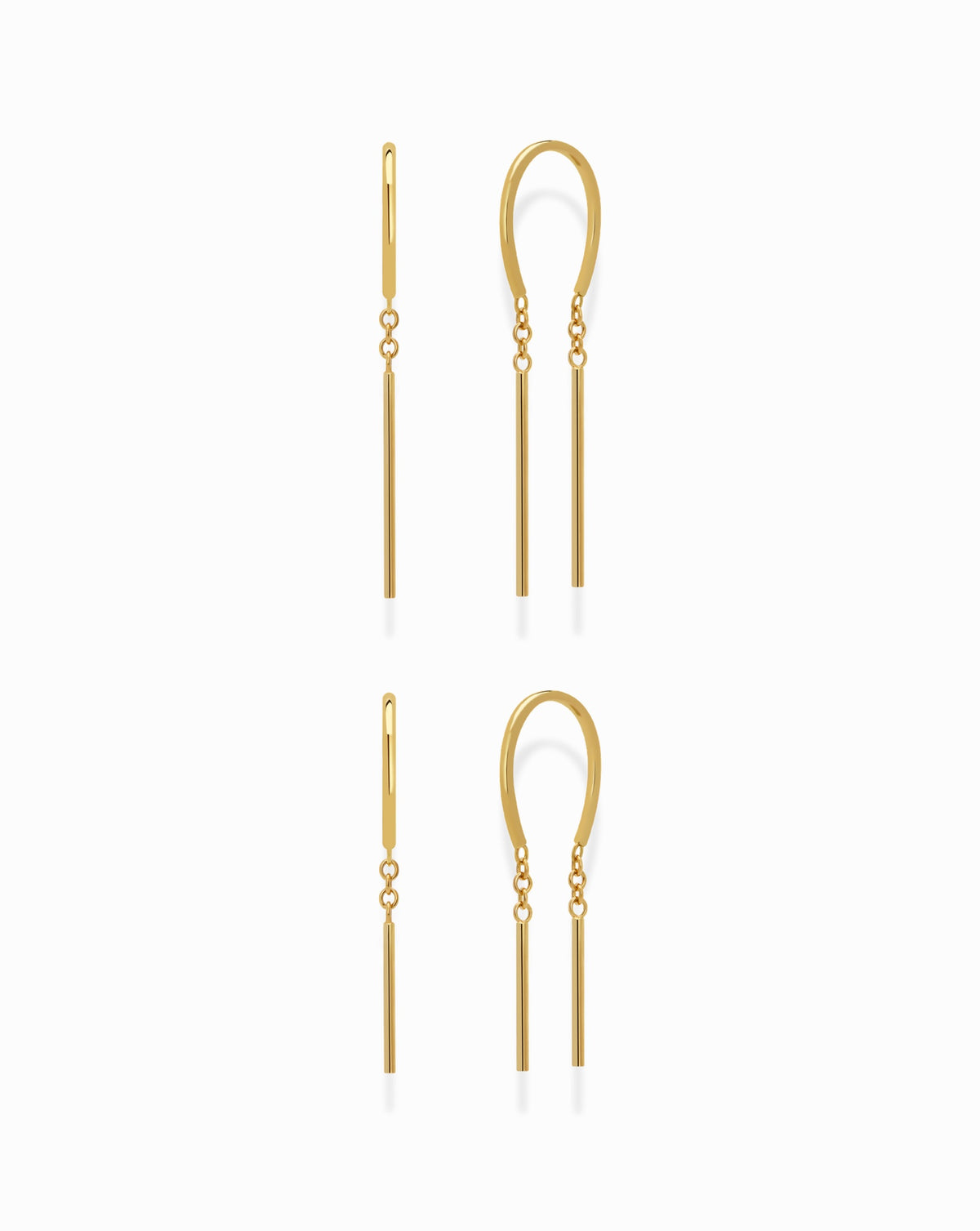 Mila Smooth Threader Huggies Set featuring two pairs of gold threader earrings, each with a curved hoop connected by a short chain to a slender bar pendant.