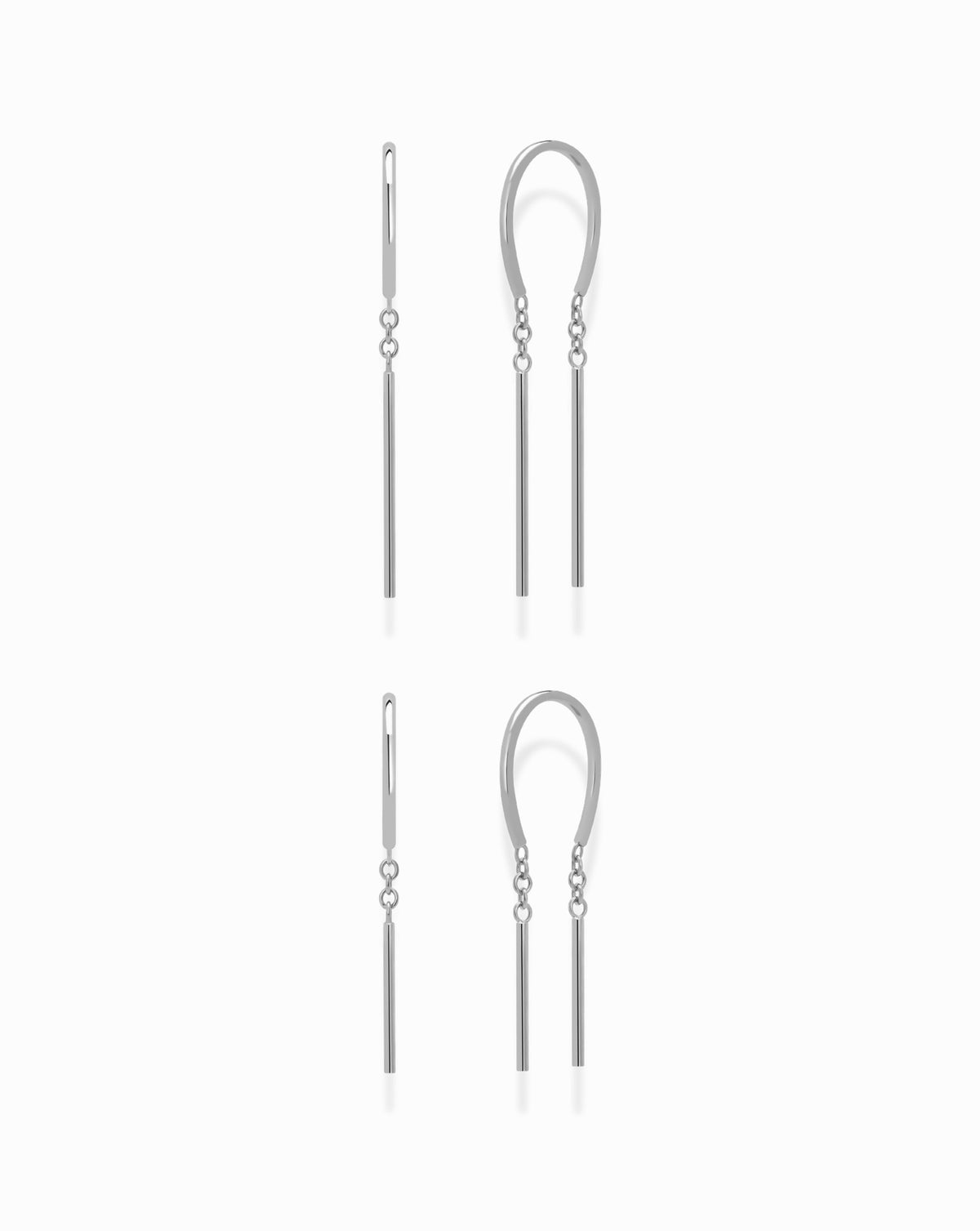 Two pairs of silver Mila Smooth Threader Huggies, each featuring a U-shaped post connected to a slender hanging bar by a short chain.