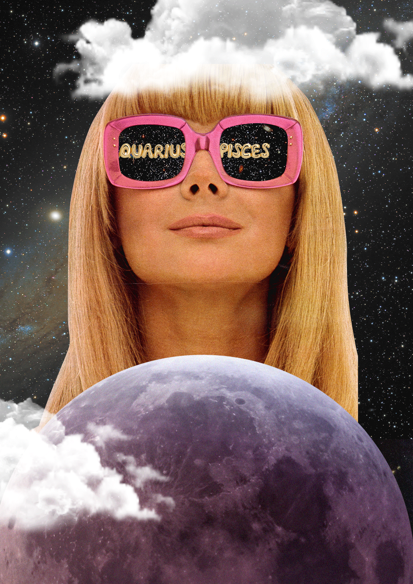 A woman with long blonde hair wears pink sunglasses with AQUARIUS and PISCES written on the lenses. She is surrounded by clouds, with a large purple planet and a starry space background behind her.