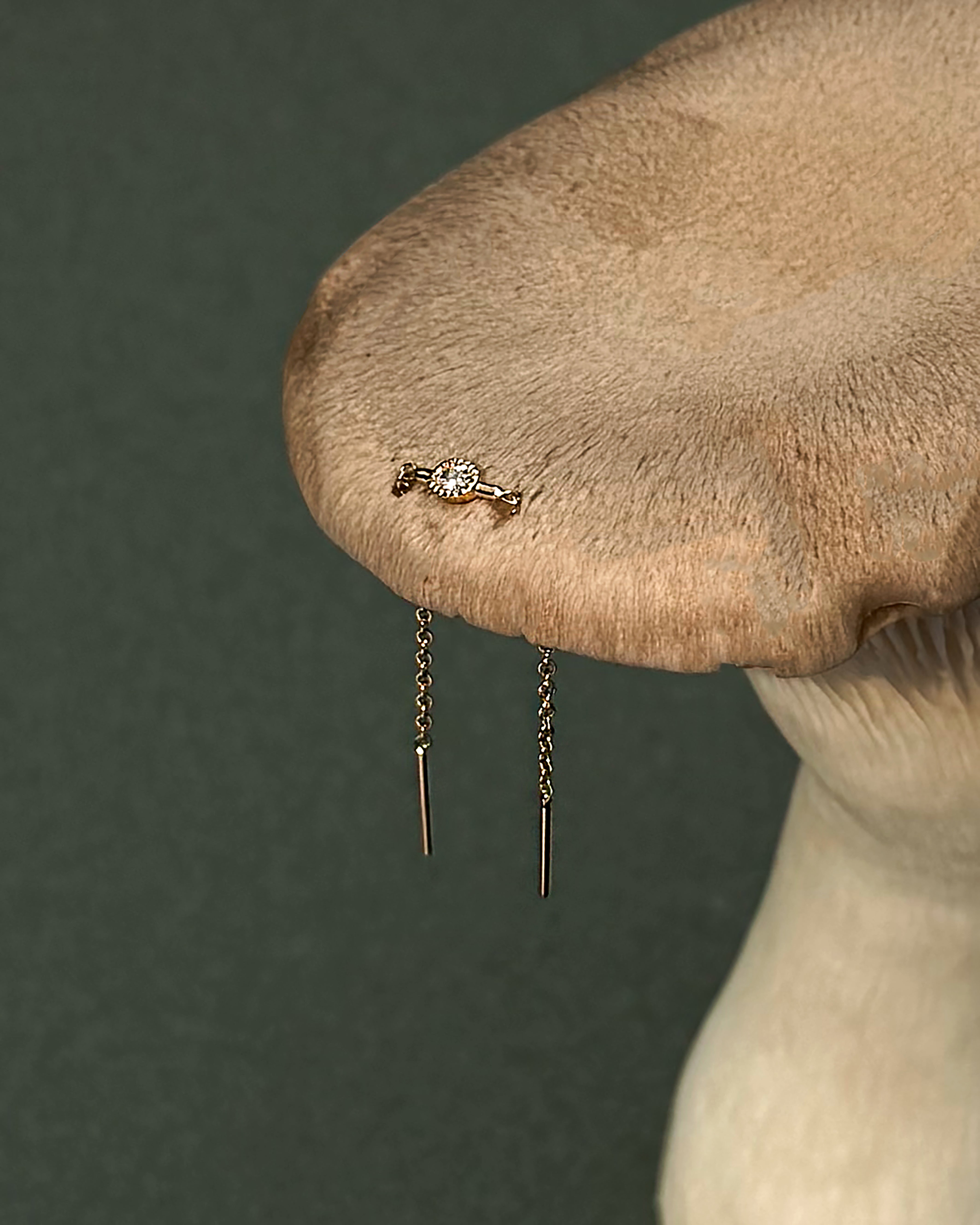 The Nicole Oval Threader Earring by Mod + Jo—a gold plated oval threader with a small round diamond and delicate dangling chains—rests on the cap of a large mushroom against a green background.
