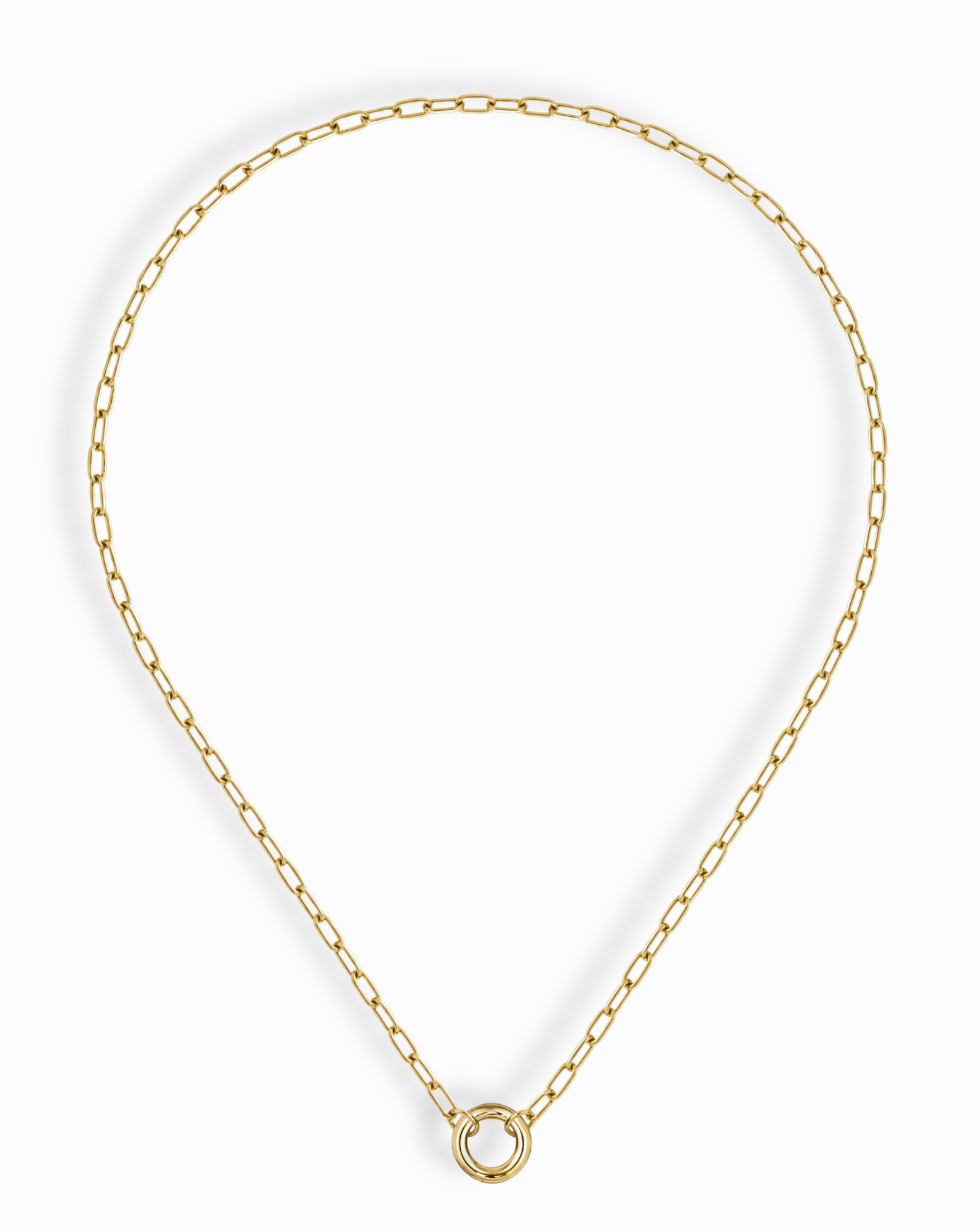 The Mod + Jo Darcy Charm Clip Necklace features elongated oval links and a central circular ring pendant, all in 14k gold plating, shown on a white background.
