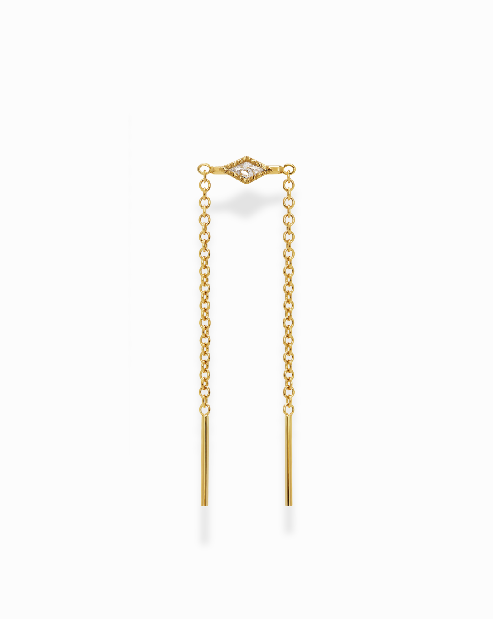 The Nicole Kite Threader Earring by Mod + Jo features a gold-plated threader design with a marquise-shaped cubic zirconia at the top center and two delicate chains ending in straight gold bars, displayed on a white background.