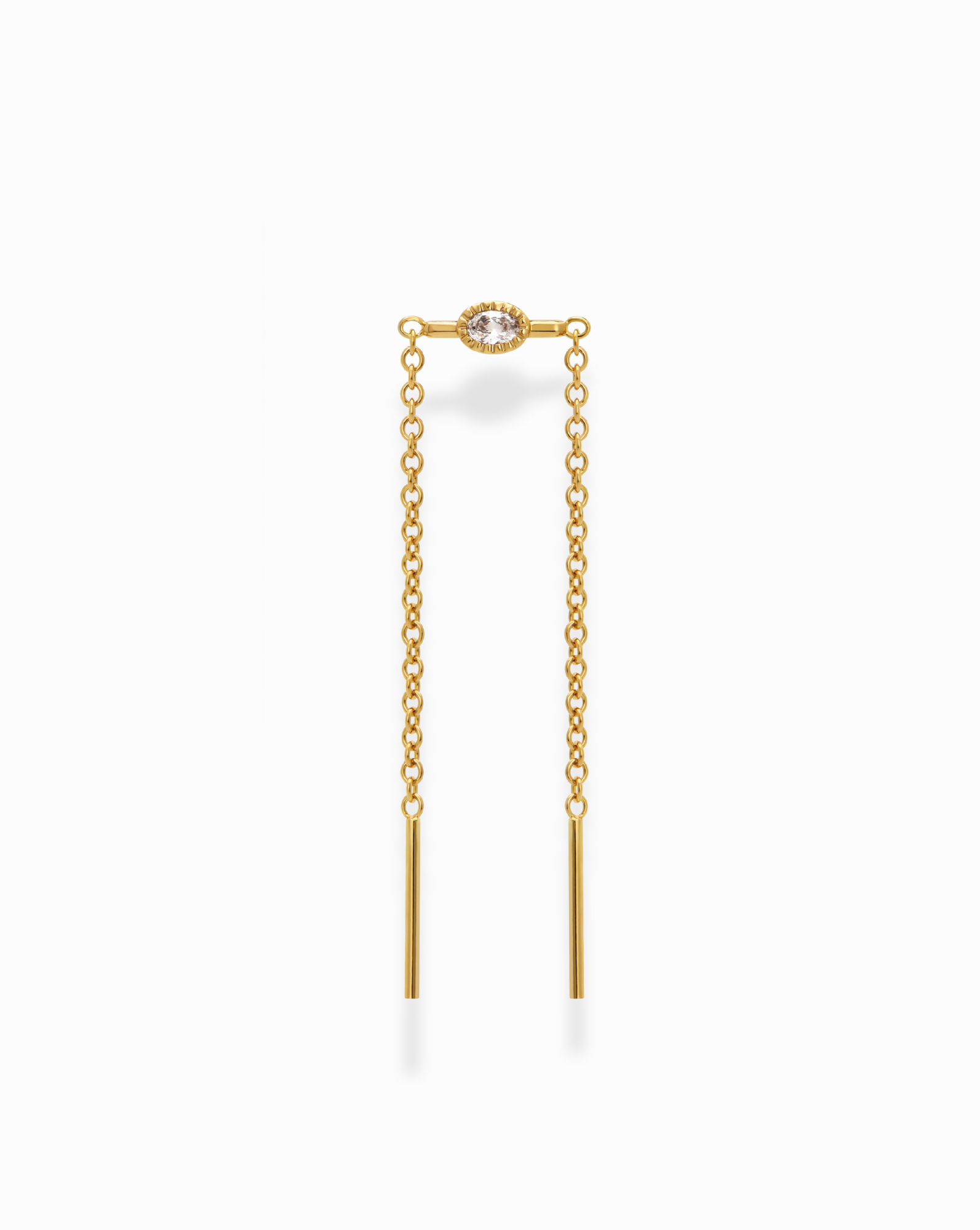 The Nicole Oval Threader Earring by Mod + Jo features a central oval-cut clear cubic zirconia gemstone, gold-plated finish, and two vertical gold bars elegantly suspended from each end of the chain.