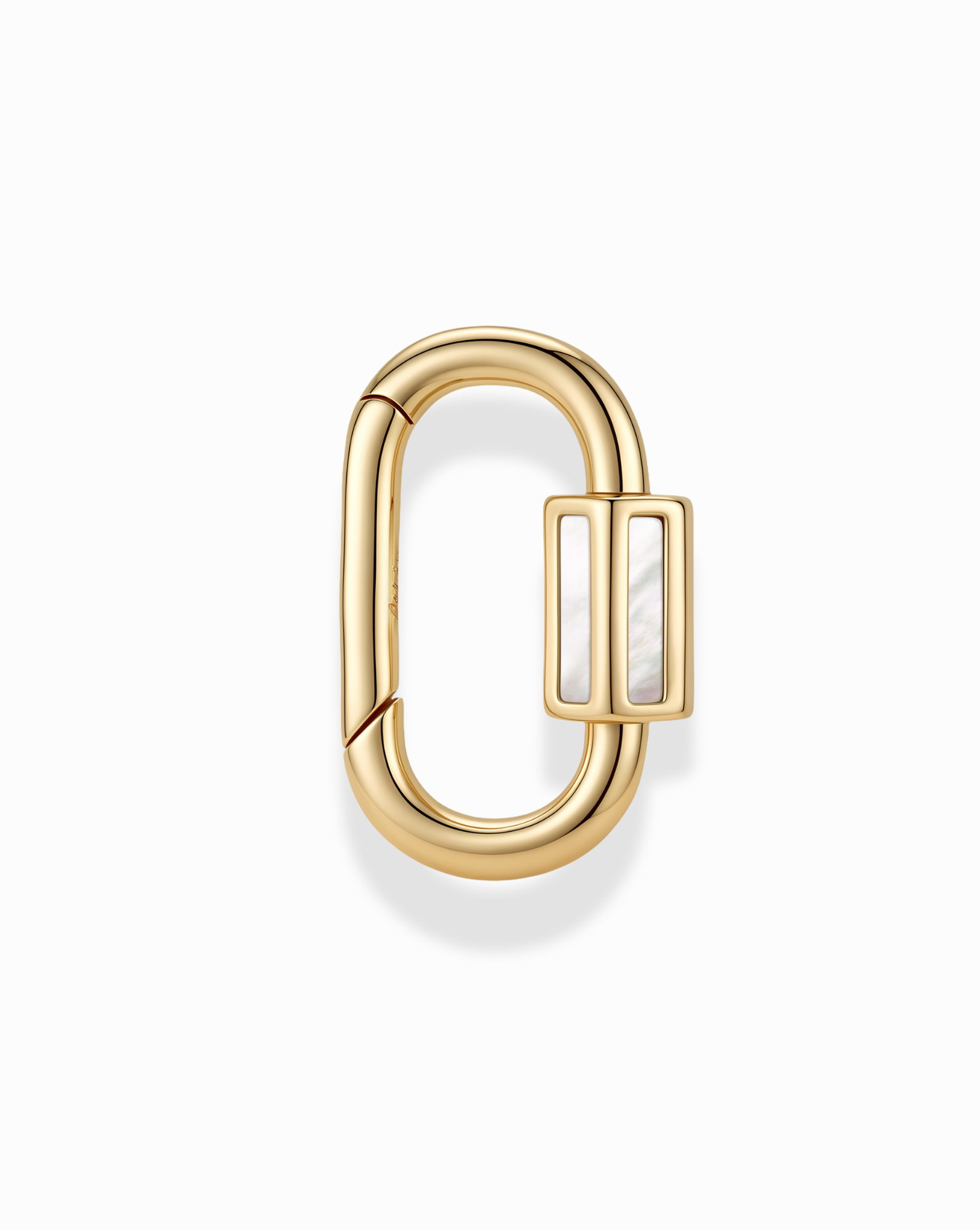 The Nora Lock Carabiner by Mod + Jo features a gold, oval-shaped clasp adorned with a rectangular accent and two white iridescent inlays, all elegantly finished with 14k plating and showcased against a plain white background.