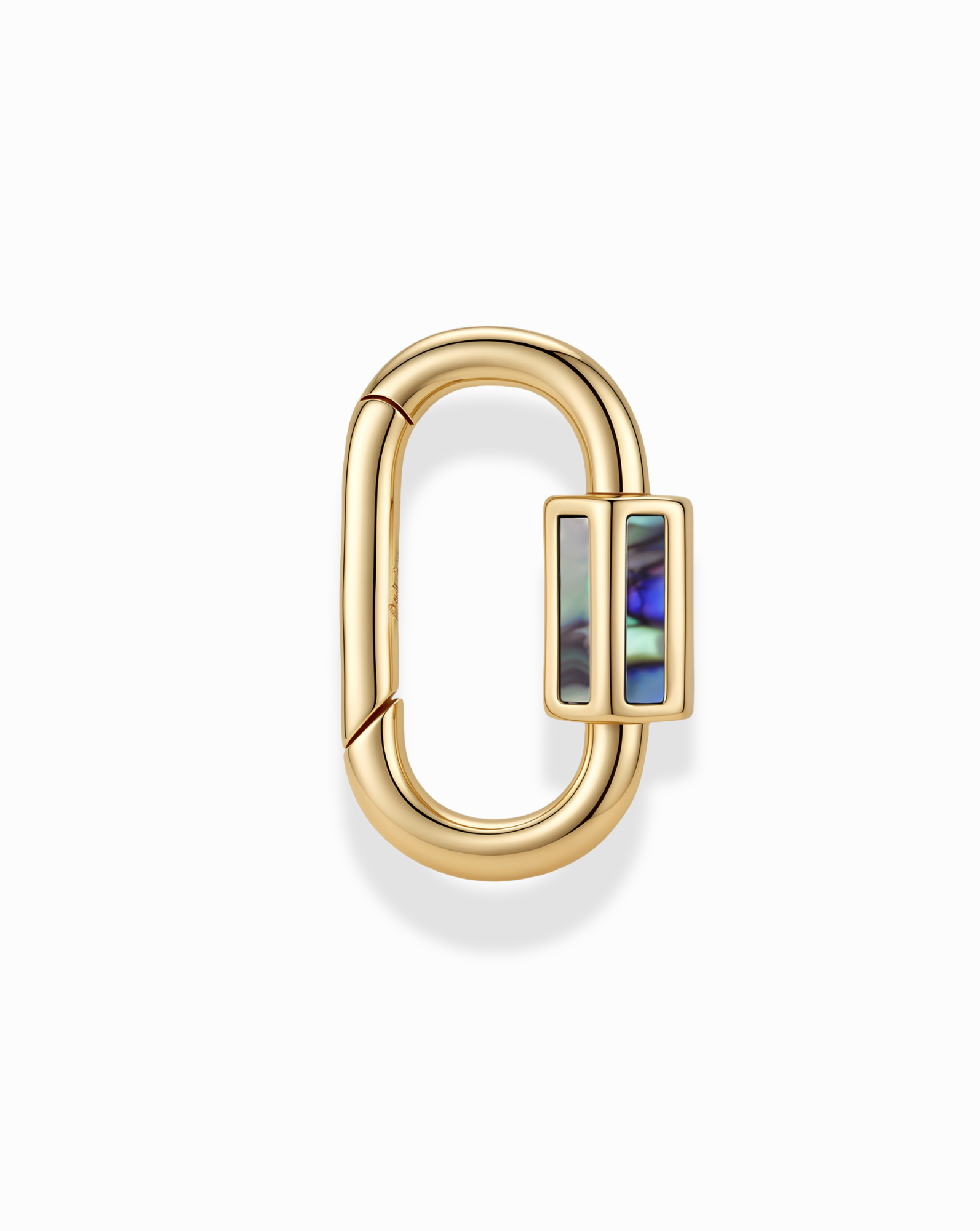 The Nora Lock Carabiner by Mod + Jo features a gold oval-shaped clasp with a rectangular slider, adorned with an iridescent abalone shell inlay and accented by natural semi-precious stones, displayed against a plain white background.