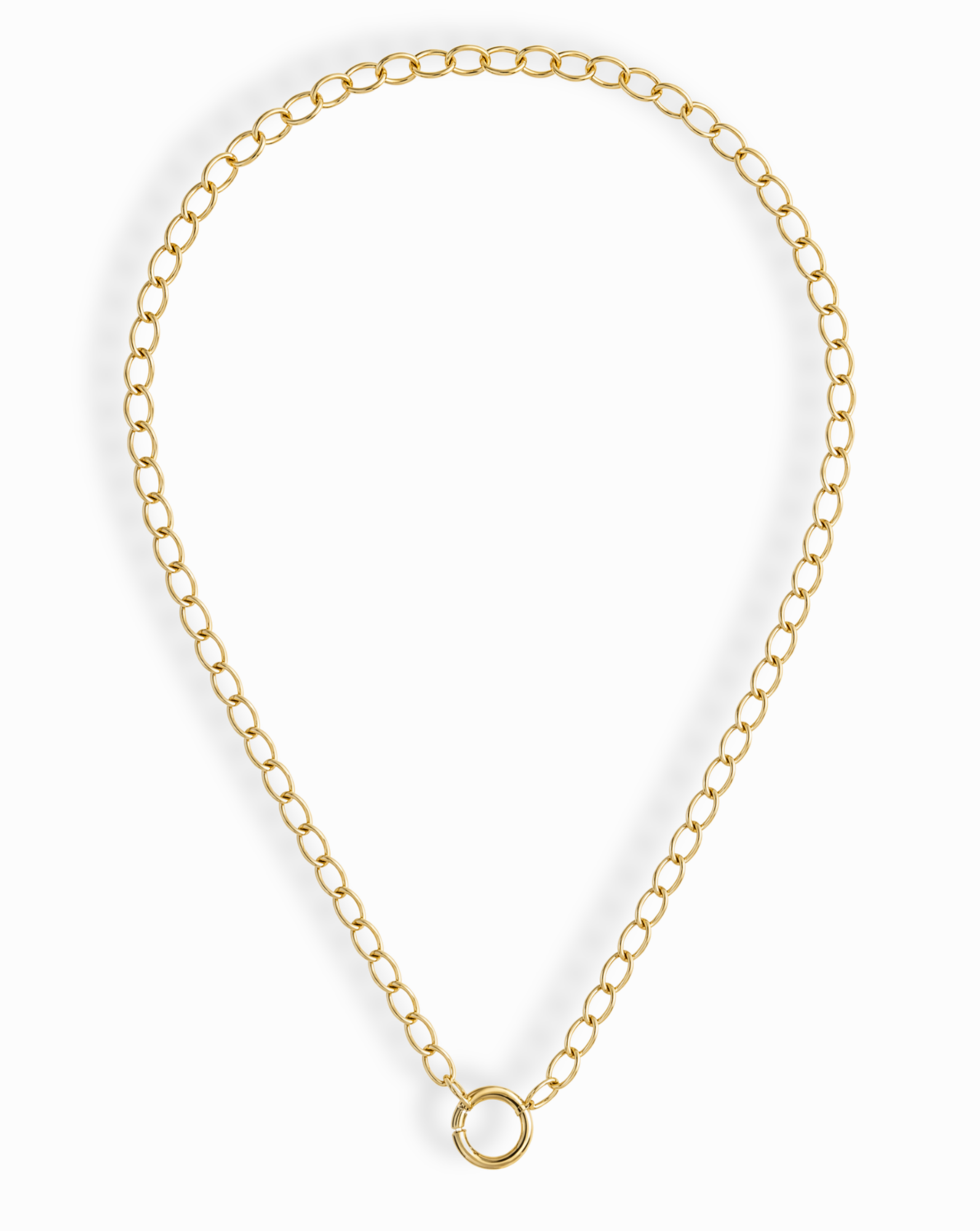 The Presley Charm Clip Necklace by Mod + Jo features 14k gold plating, evenly spaced oval links, and a central circular clasp—ideal as a base chain for charms. Shown against a white background.