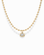 The Soren Bezel Pendant Necklace is a nickel-free, 14k gold plated beaded chain with a round lab-grown white sapphire pendant, shown against a white background.