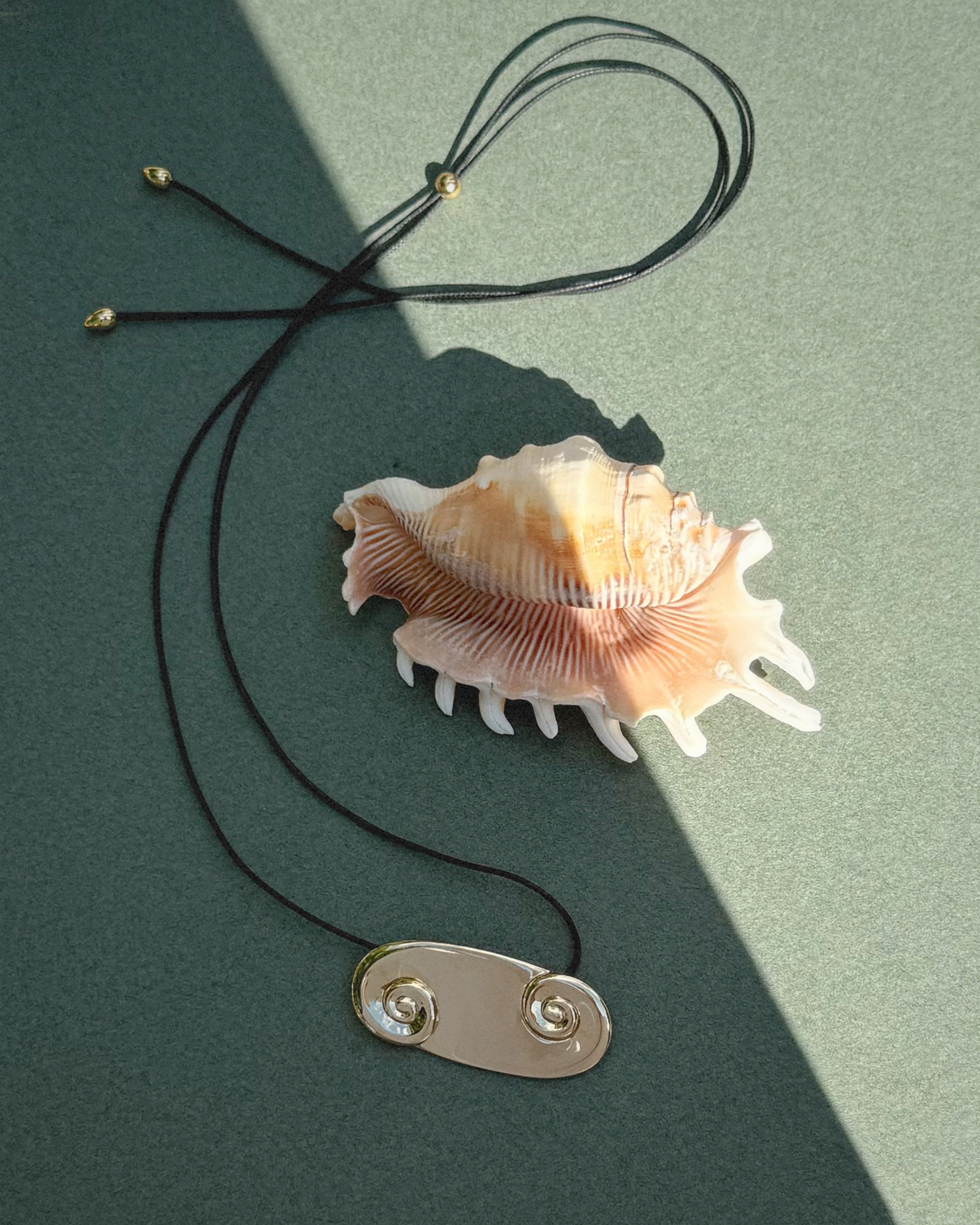 The *Preorder* Suna Spiral Cord Necklace by Mod + Jo, featuring a 14k gold spiral pendant on a black adjustable bolo cord, rests on a green surface with sunlight highlighting its elegant design.