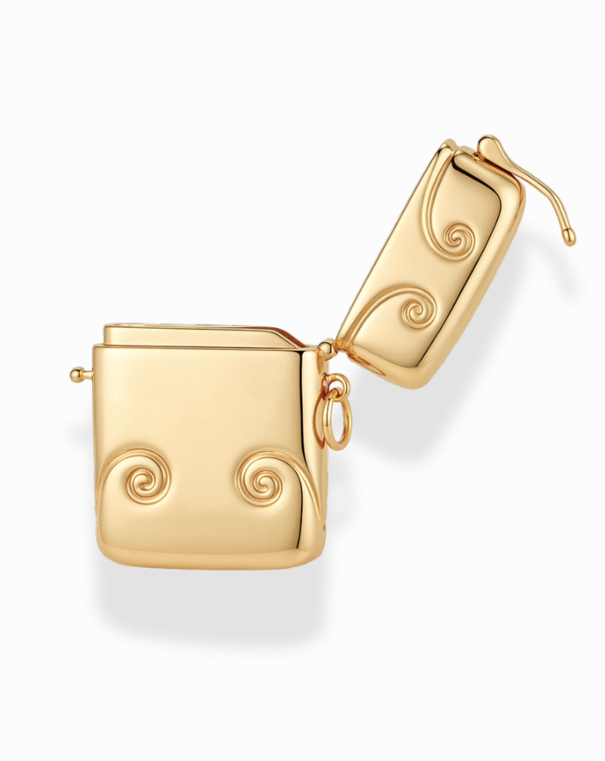 Sybil Vesta Case Charm: a small gold-plated Victorian vesta case with a hinged lid, decorated with embossed spiral patterns.
