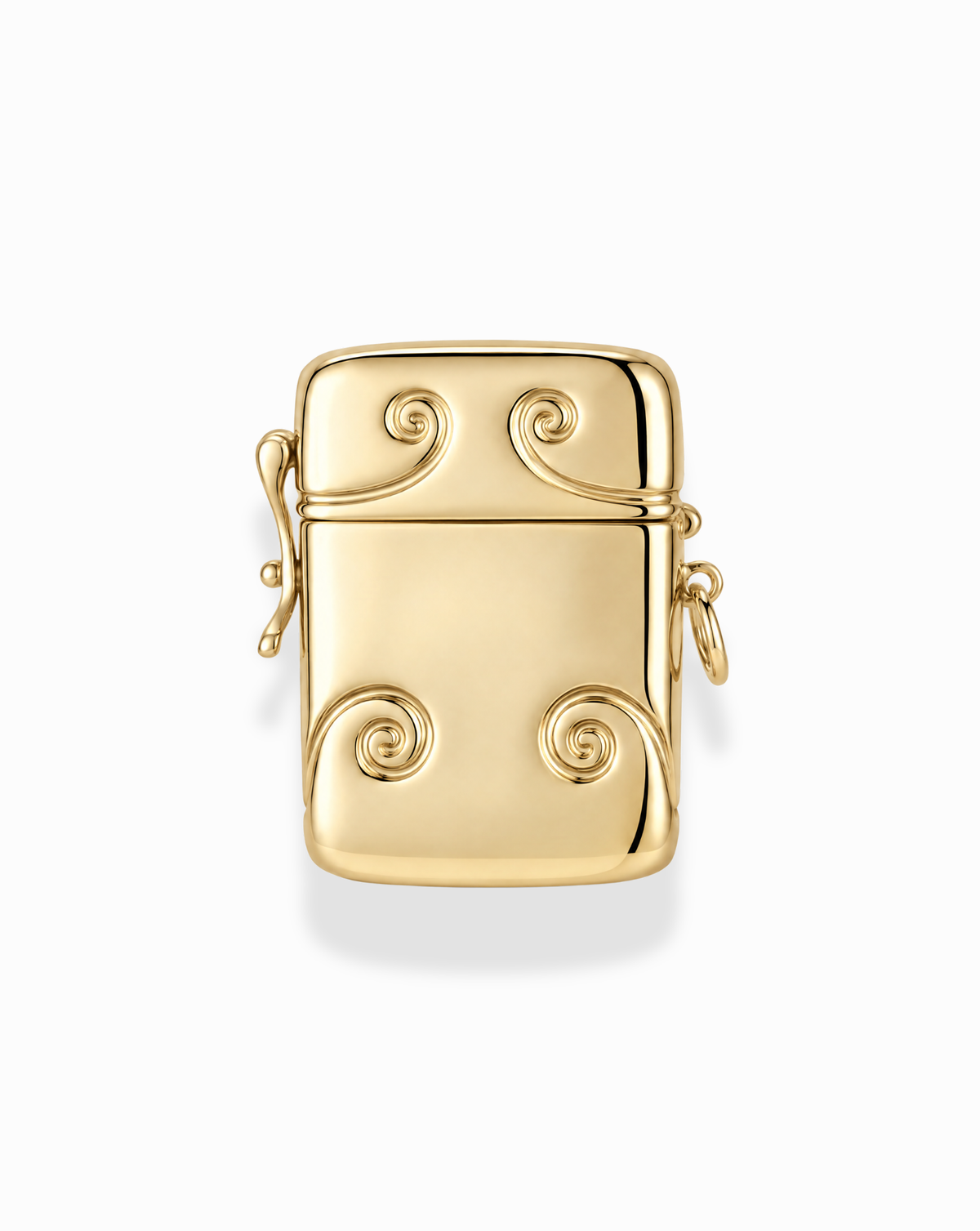 Sybil Vesta Case Charm in a Victorian-style gold-plate finish featuring a hinged lid and embossed scrollwork designs on the front.