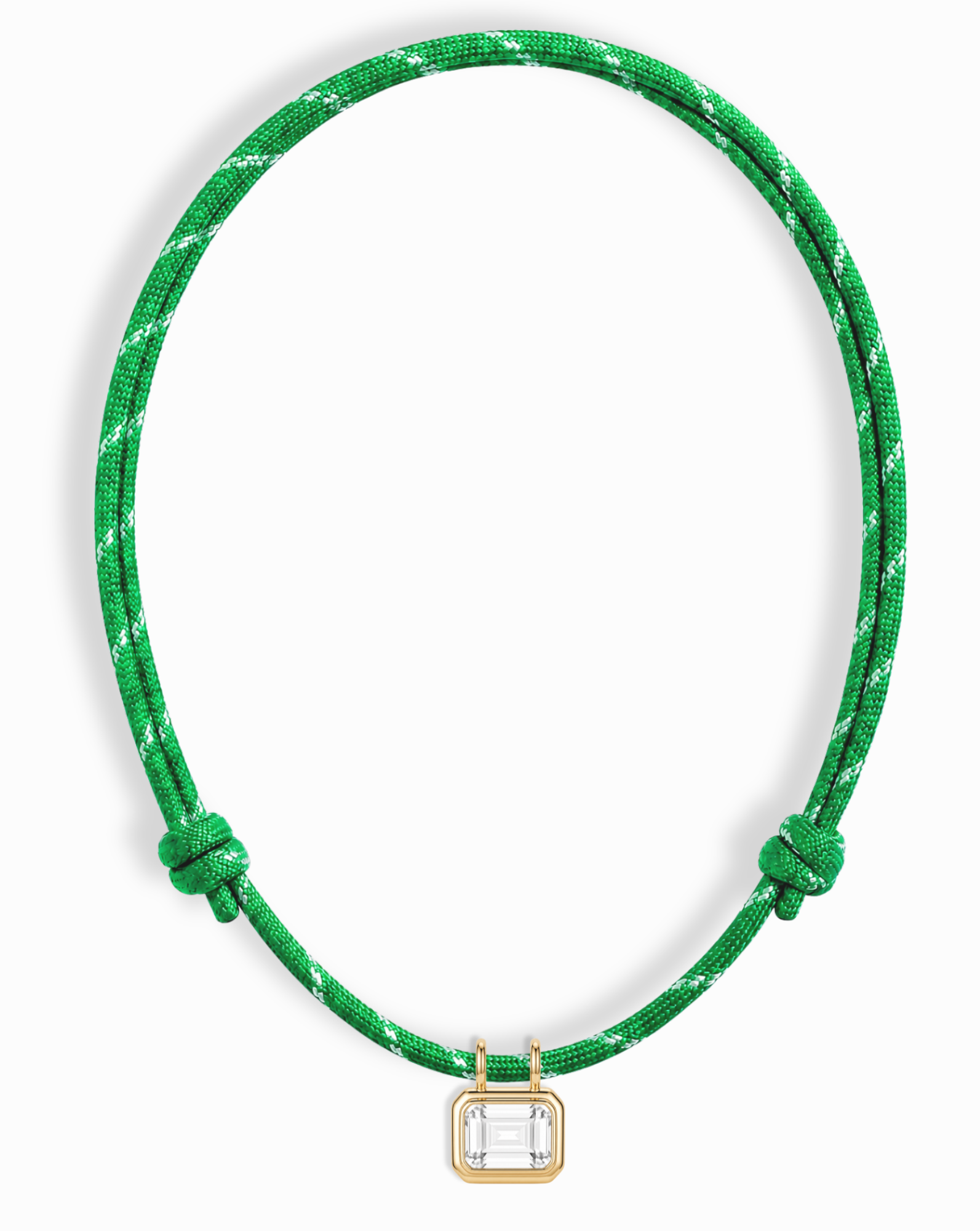 The *Preorder* Tommy Sapphire Pendant Necklace by Mod + Jo features a green adjustable paracord, knotted design, and a rectangular lab-grown white sapphire pendant set in a gold frame at the center.
