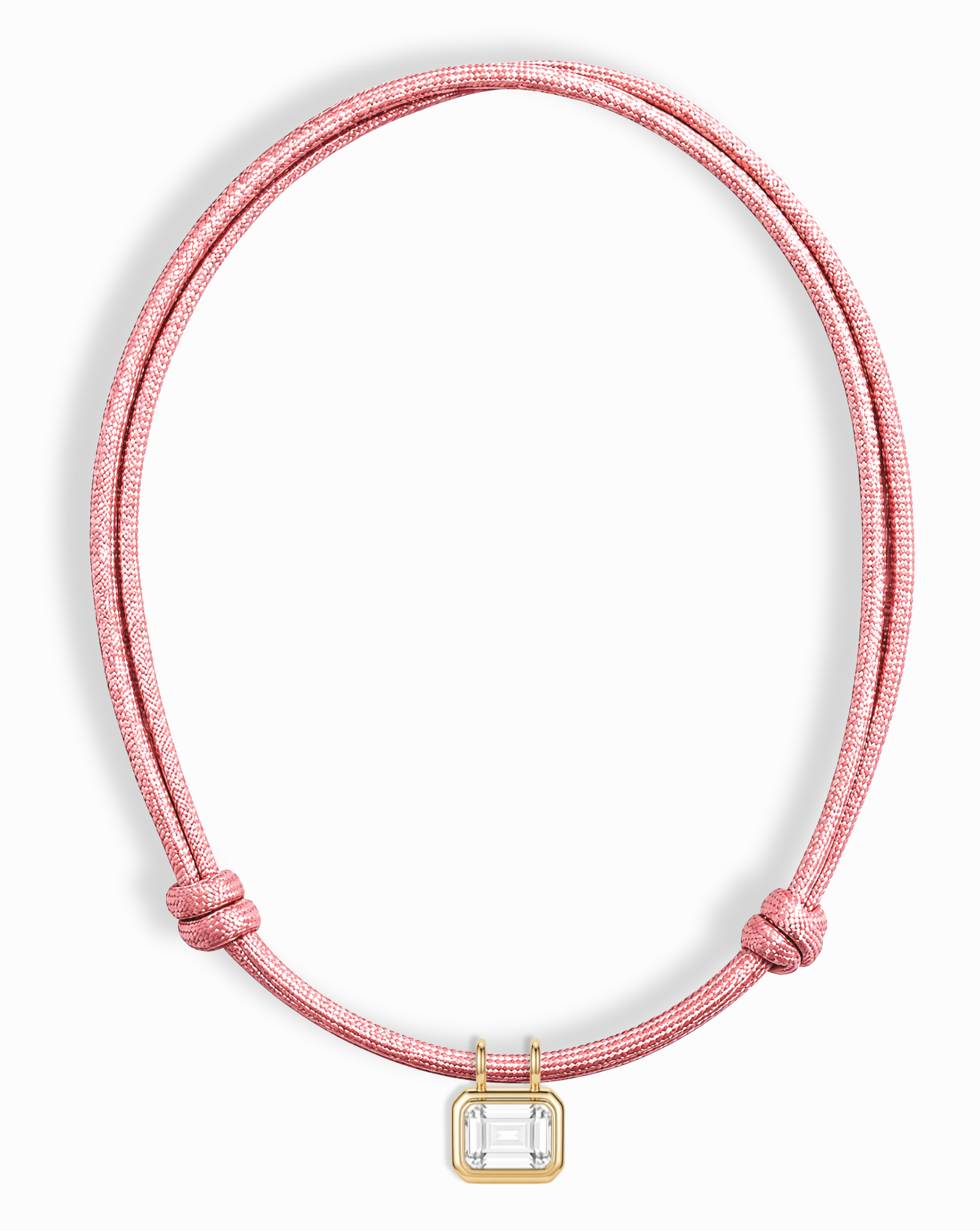 The *Preorder* Tommy Sapphire Pendant Necklace by Mod + Jo is a pink adjustable paracord necklace with a rectangular clear lab-grown white sapphire pendant set in gold at the center.