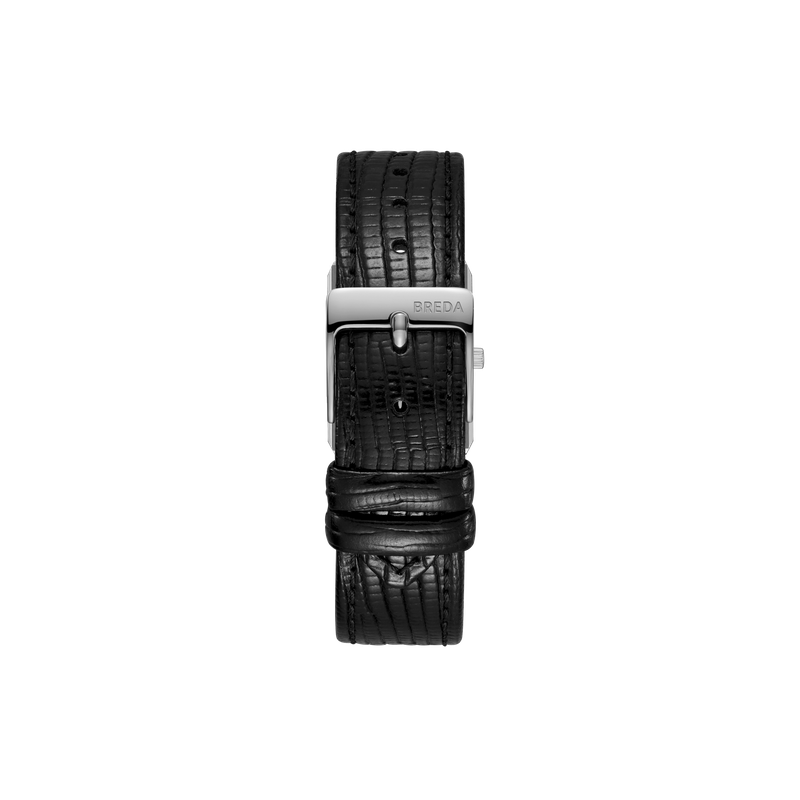 The Virgil Watch Small (Lizard Embossed) by Breda features a black textured strap and a silver buckle engraved with BREDA, displayed from the top on a light gray background—ideal for complementing your favorite vintage timepiece.